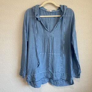 Allen Allen Blue‎ 100% Linen Hooded Pullover V-Neck Medium Minimalist Lagenlook